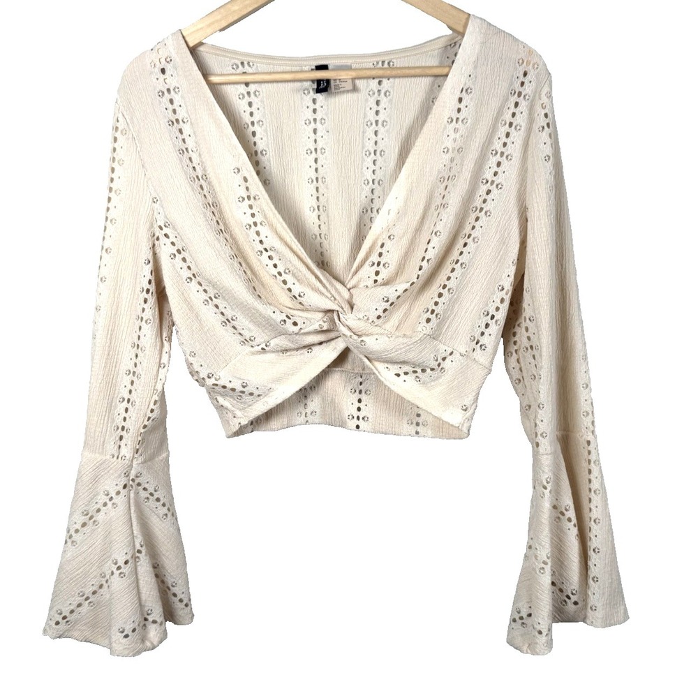 H&M Boho Eyelet Knit Twist Crop Top Bell Sleeve Cream Medium Coquette Fairy